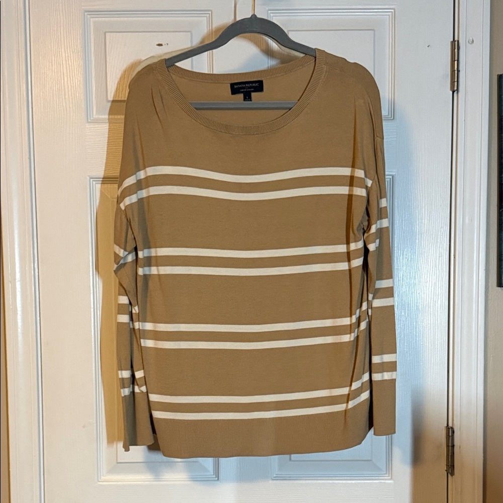 Banana Republic Tan and White Striped Long Sleeve Tee